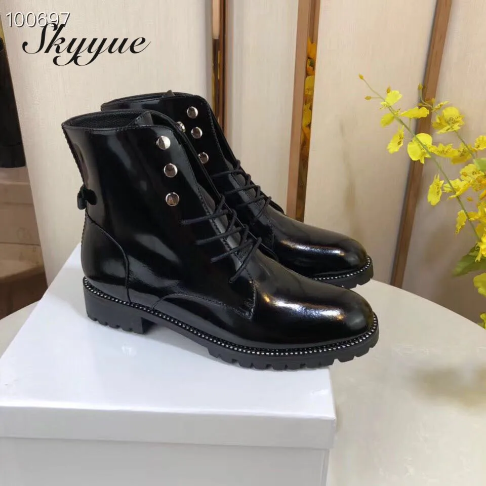 

SKYYUE New Genuine Leather Gladiator Lace Up Women Motorcycle Boots Round Toe Low Heel Ankle Boots Street Style
