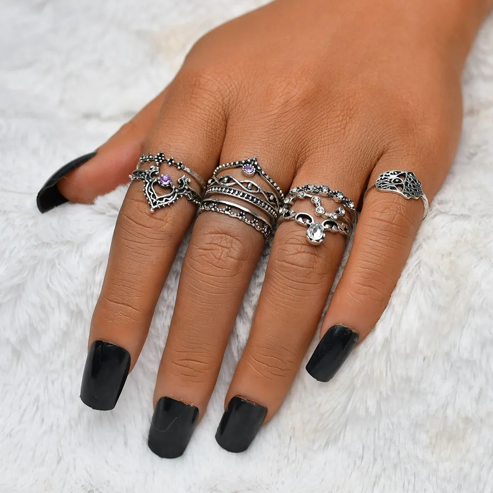 

10pcs/set super value vintage ethnic Knuckle ring V shaped Fatima Hand sexy purple blue crystal Tail Ring set women jewelry