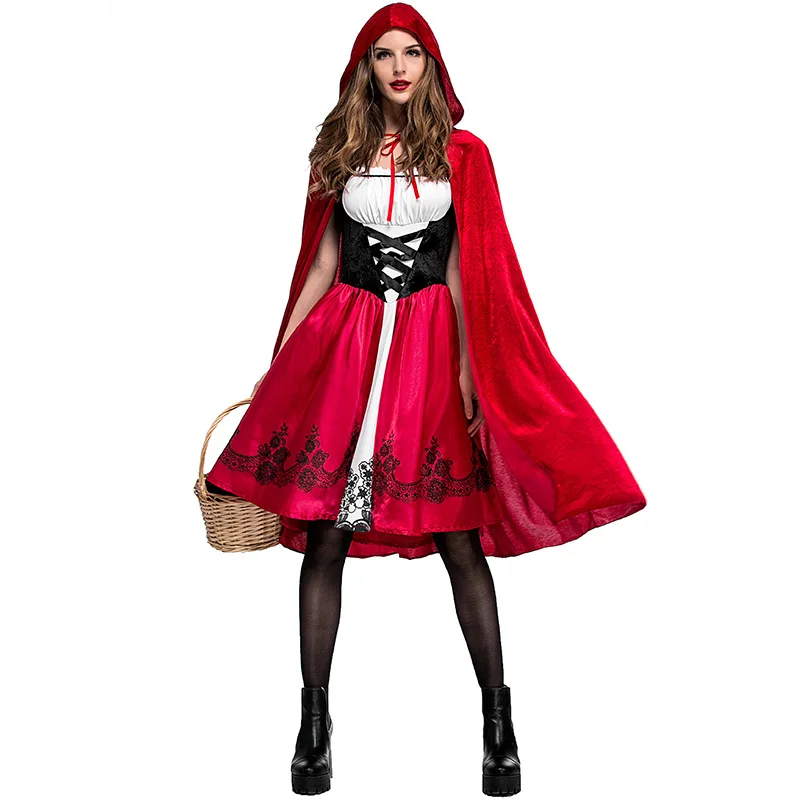 Fairy Tales Little Red Riding Hood Costume Red Cap Cloak Cosplay Cape Clothing For Women Girls Halloween Purim Party Dress