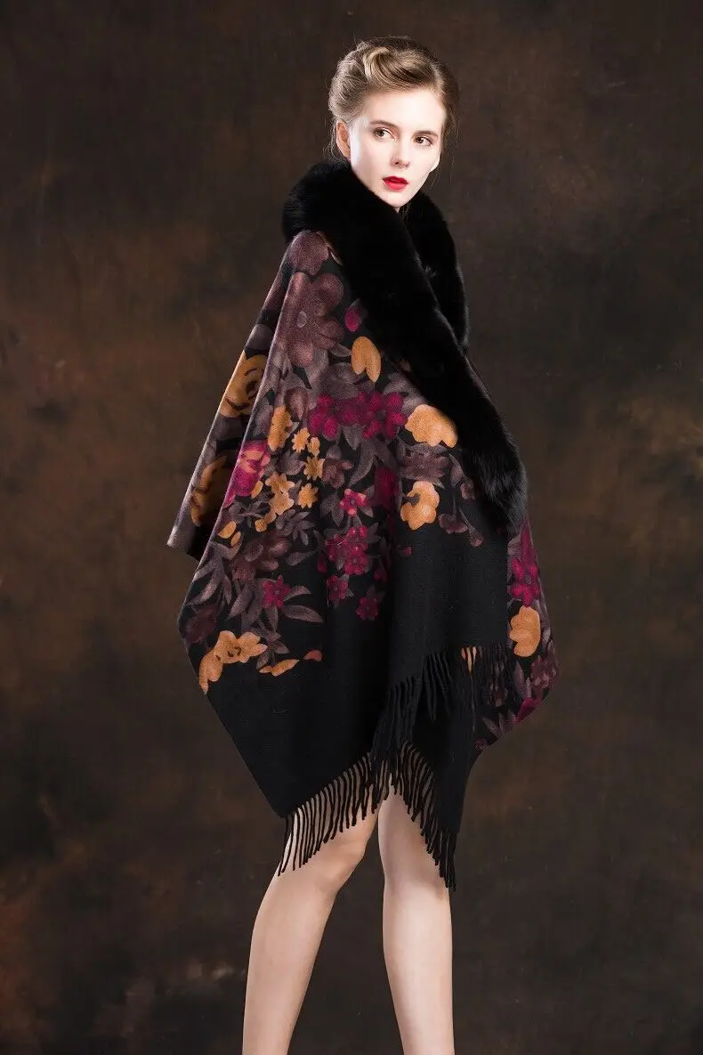 Для женщин Настоящее Кашемир Пончо с Ленточки лиса меховая отделка пальто вечерние свадебные женские плащ 8 цветов зимние