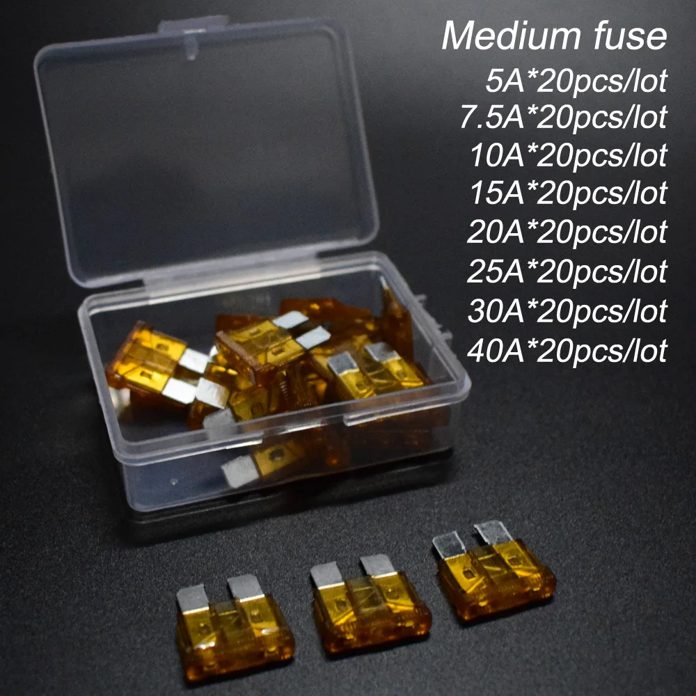 

dyoung 20pcs Medium Car Fuses 5A 7.5A 10A 15A 20A 25A 30A 40A Amp with Box Assortment Auto Blade Type Fuse Set Truck Small fuse