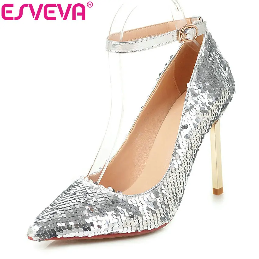 

ESVEVA 2019 Women Pumps Sequins PU Bling Thin High Heels Shoes Concise Pointed Toe Ankle Strap Women Shoes Pumps Buckle 34-43