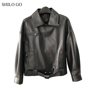 

SHILO GO Leather Jacket Womens Spring Fashion sheepskin genuine leather Coat lapel collar double front zipper metal belt coat