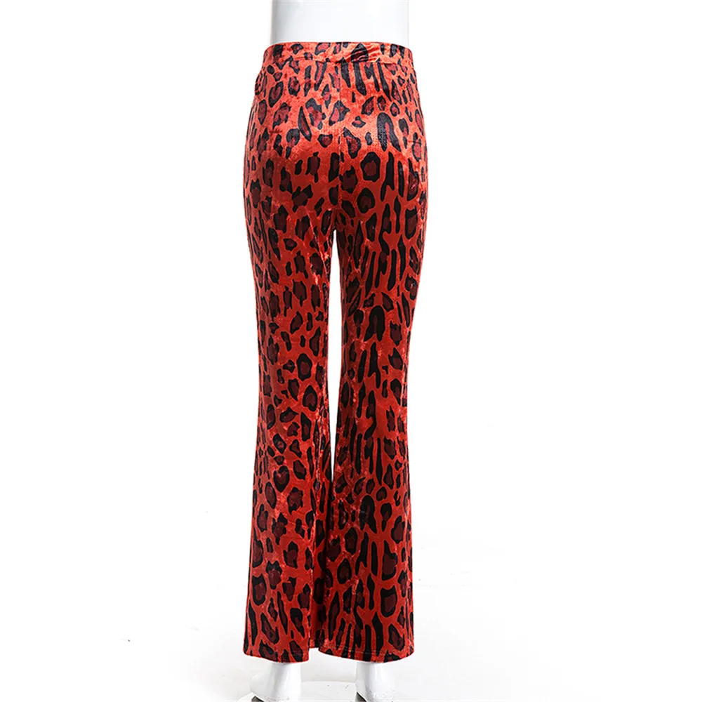 Осень Для женщин расклешенные брюки Leopard расклешенные брюки Высокая Талия красные штаны 2018 полной длины Сексуальная уличная Для женщин