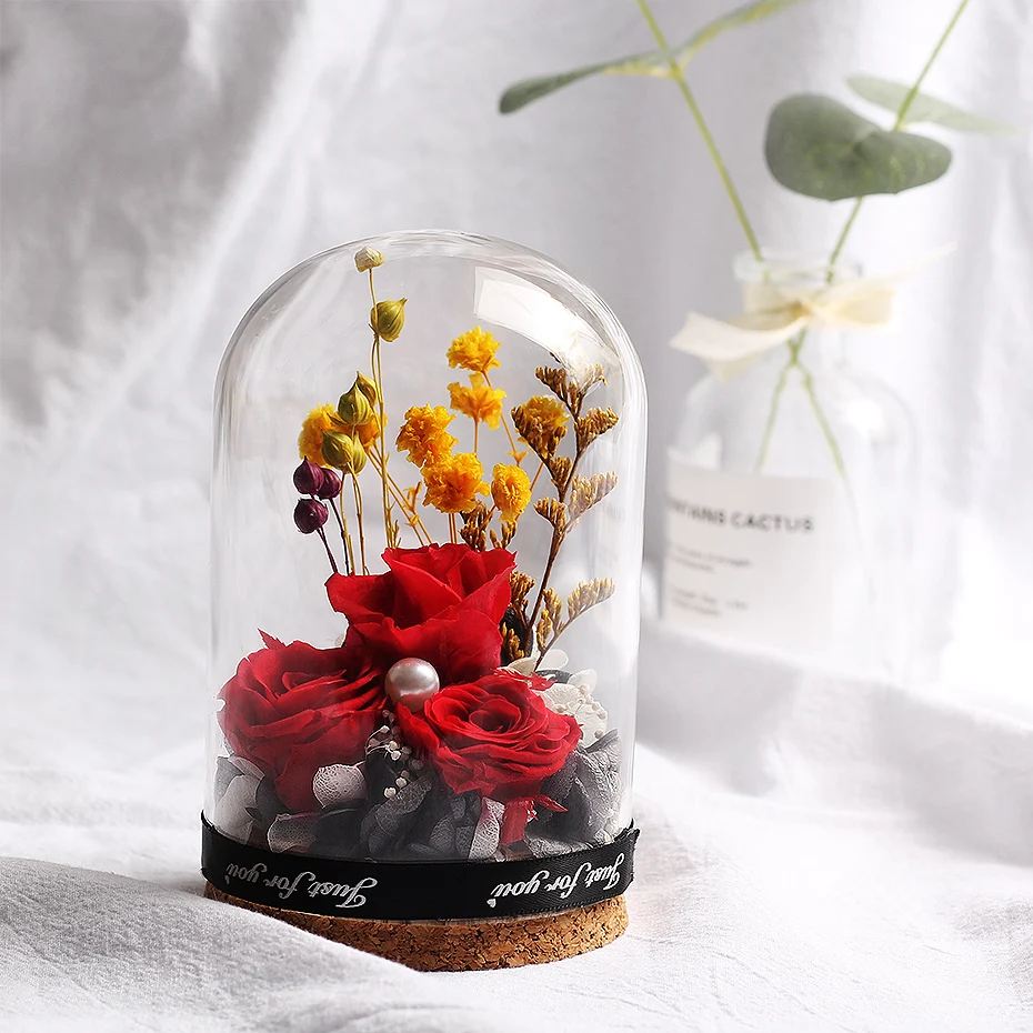 Details about   Eternal Rose Bear In Flask Wedding Decoration Glass Cover Artificial Flower Gift 