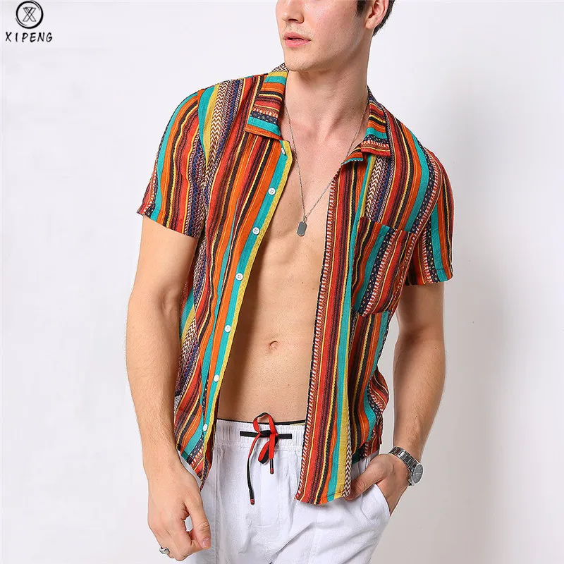 

2019 New Mens Hawaiian Shirt Male Casual camisa masculina Striped Beach Loose Shirts Short Sleeve Summer Cotton Linen Shirts 5XL