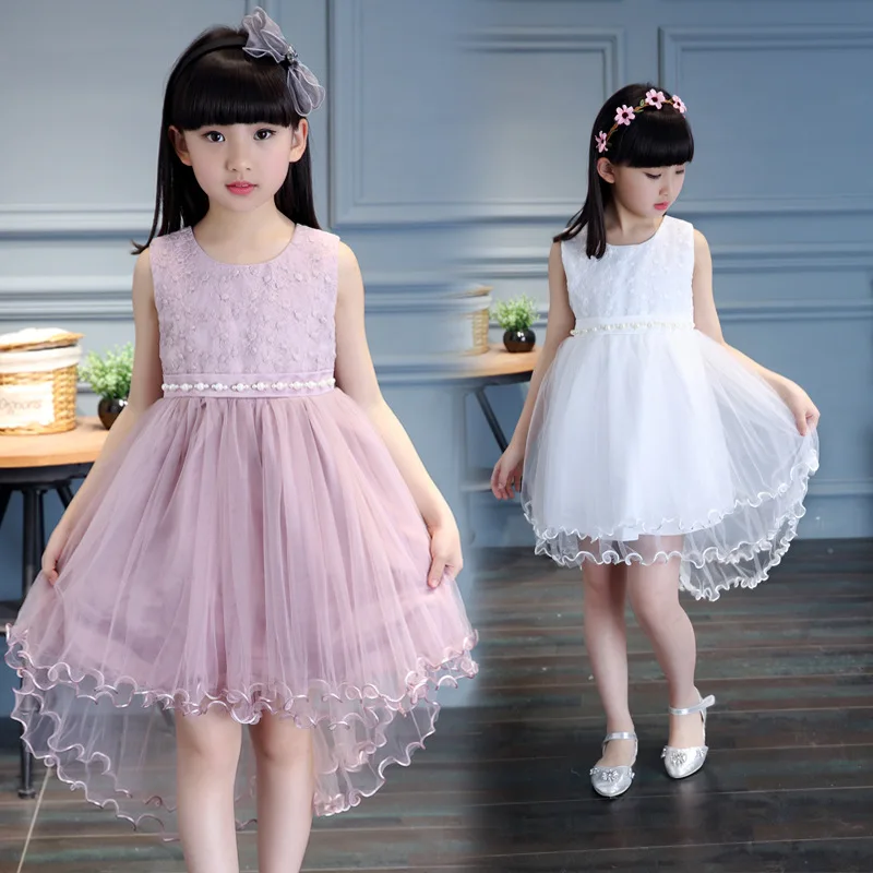 

2018 Summer Girls Slim O Neck Lace Patchwork Beading Asymmetrical Dress Kids Baby Clothes Children Princess Performance Dresses
