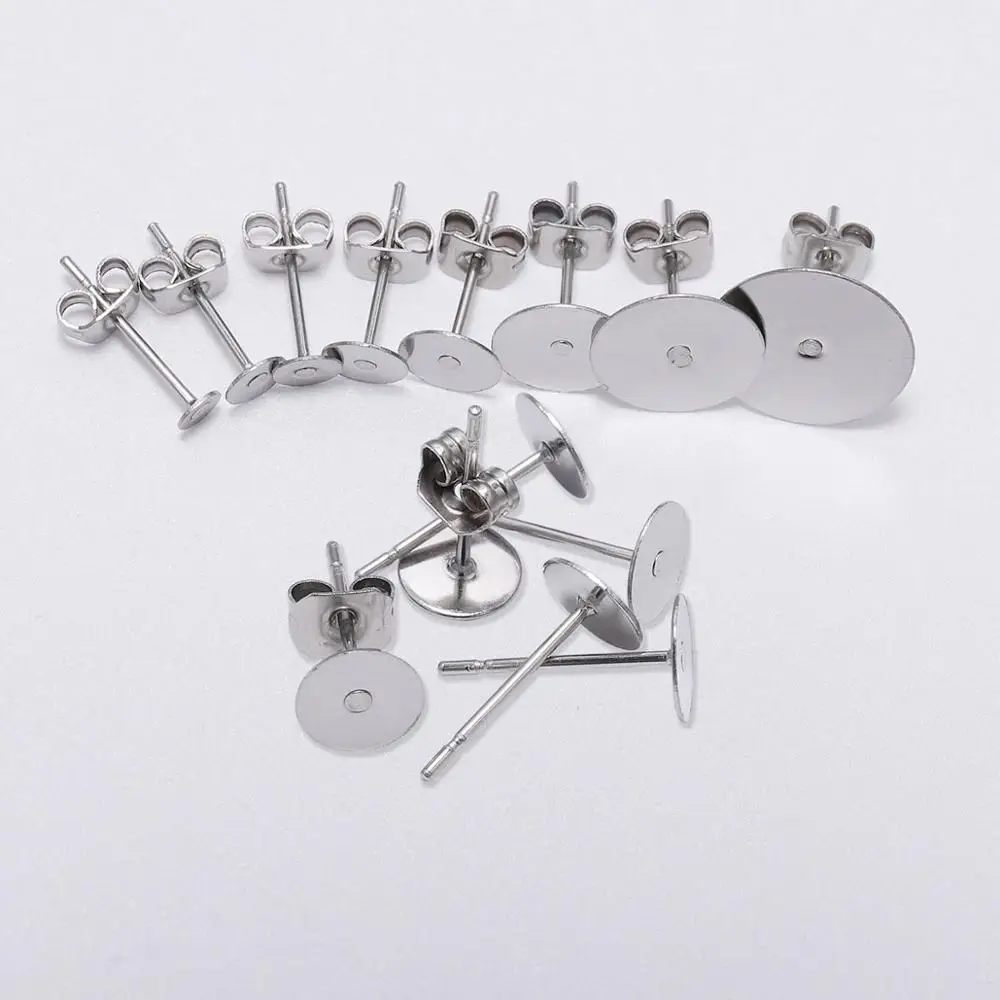 

100pcs/lot 3-12mm Stainless Steel Blank Post Earring Studs Base Pins With Earring Plug Findings Ear Back For DIY Jewelry Making