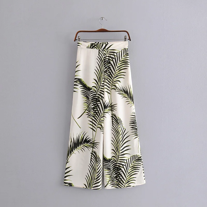 

2019 Women Leaves Print Boho beach Wide Leg Pants Summer Casual Side Zipper White Long pants Female trousers#C895