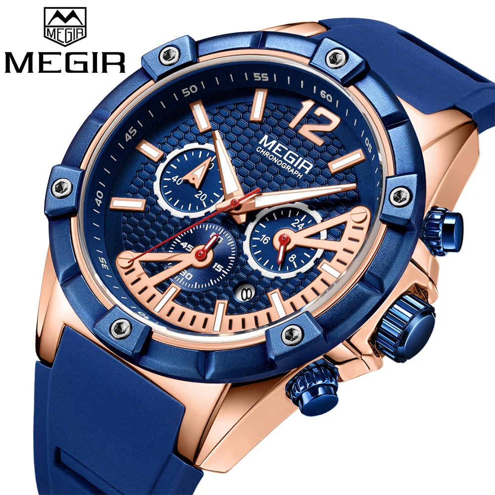 Goedkoop MEGIR Sport Horloge Mannen Waterdichte Goud Heren Horloges Top Brand Luxe Siliconen Klok Lichtgevende Quartz Horloge 24 uur Reloj hombre