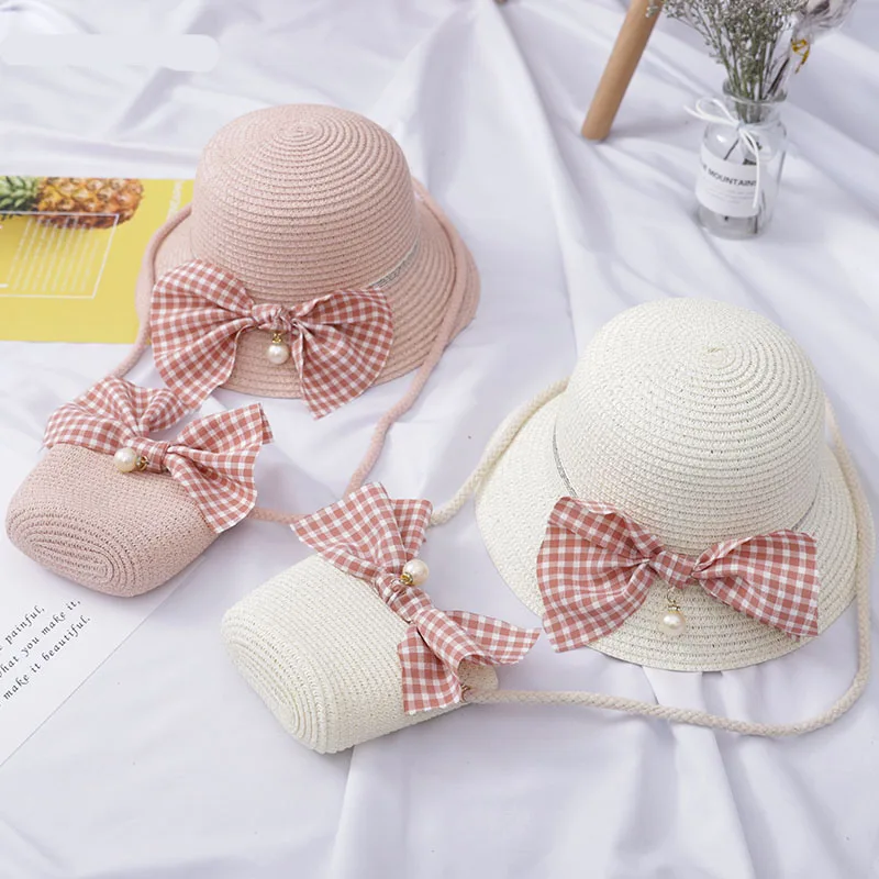 

Cute Girls Straw hat Sun Hat +Should bag Handbag 2pcs sets For Tour Summer Kid Princess Bow Beach Hats For Party Outdoor