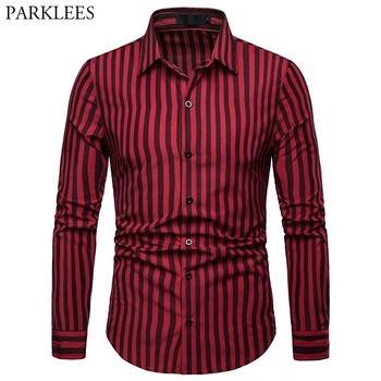 

Fashion Red Striped Shirt Men 2019 Spring New Slim Fit Long Sleeve Dress Shirt Mens Business Casual Social Shirt Male Chemise