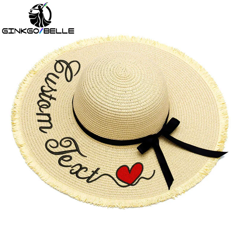 

Personalization Customize Name Text Logo Women Sun Hat Large Brim Straw Hat Outdoor Beige Beach hat Summer Cap Dropshipping