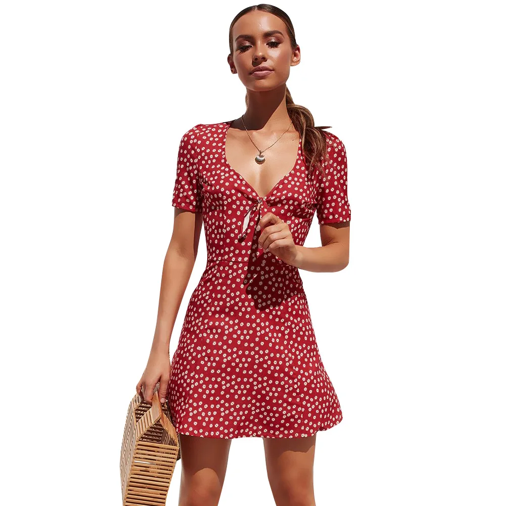 

2019 Sexy V Neck Boho Red Polka Dots Print Ruffle Women Sweet Dress Summer Tunic Robe Mini Dresses Short Sleeve Female Vestidos