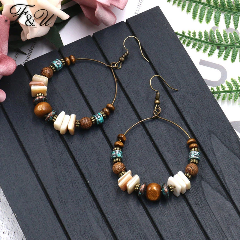 

F&U Shell hollow big round circle drop earrings Fashion natural shell beads Wood Vintage Resin Beads earrings Fashion For Women