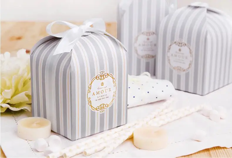 European Stripe Candy Box Wedding Favors Supplies Baby Shown Birthday Party Event Gift Pastry Packing Boxes Bag 8x8x8cm 3