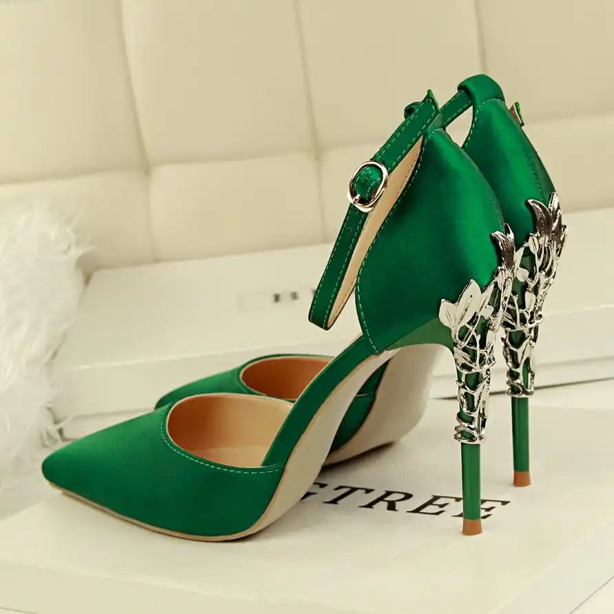 green satin sandals