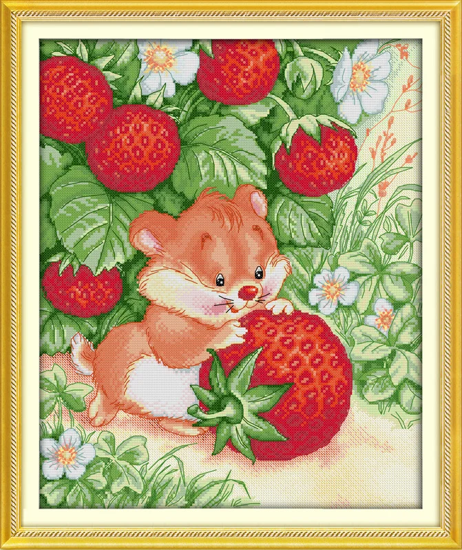 

Rat picking strawberries Printed on Canvas DMC Counted Chinese Cross Stitch Kits printed Cross-stitch set Embroidery Needlework