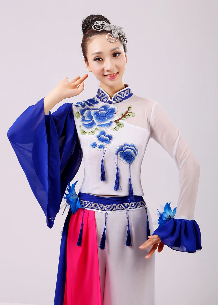 (0168) Chinese folk dance female Embroidery Chinese porcelain costum classical dance sequins yangko/fan/umbrella clothing