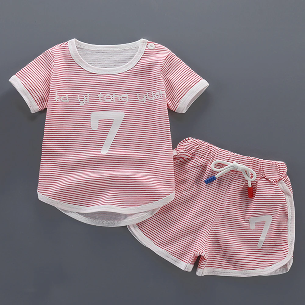 طفل رضيع الملابس مجموعة الصيف قصيرة الأكمام س الرقبة مخطط الكرتون القطن تي شيرت + السراويل 2 قطعة ملابس الأطفال الرياضة عارضة مجموعة