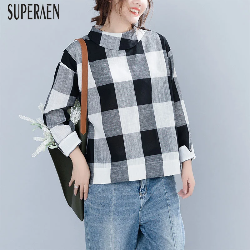 

SuperAen Pluz Size Spring and Summer Women Shirt New 2019 Plaid Blouses and Tops Female Cotton and Linen Wild Women Clothing