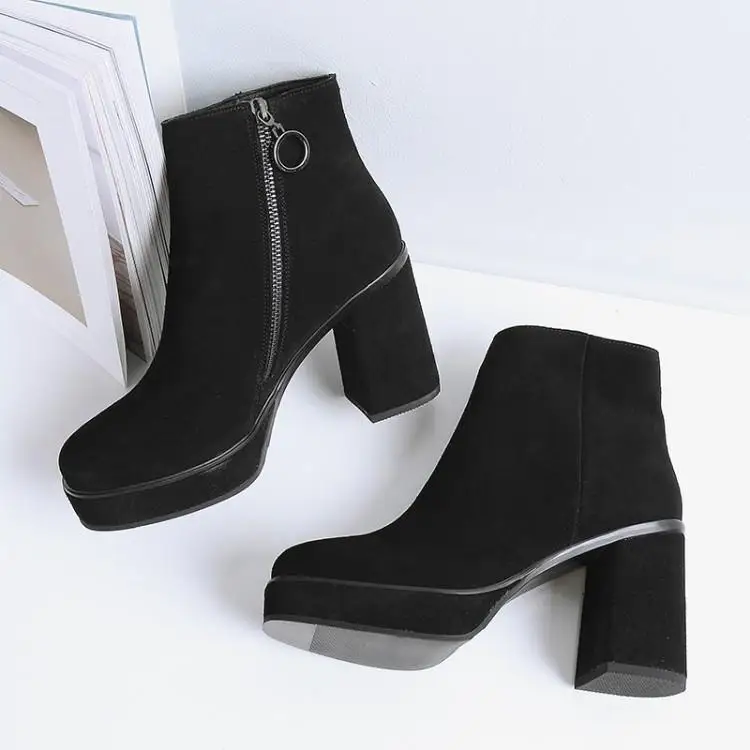 

Chic Black Grey Blue Suede Ankle Boots For Woman Round Toe Platform High Square Heels Botas Mujer Fashion Shoes Woman Runway