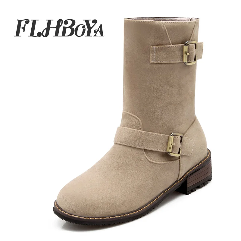 

FHLBOYA Winter Womens Fashion Buckle Snow Boots Warm Plush Mid-calf Non-slip Western Riding Short Boot Female Shoes Plus size