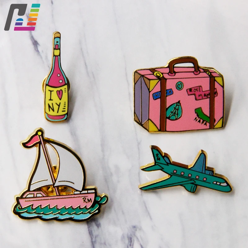 

Cute Airplan Ship Wine Bottle Badge Pins Trunk Aircraft Sailboat Enamel Pin Brooches for Women Girl Boy Hat Shirt Jewelry Gift