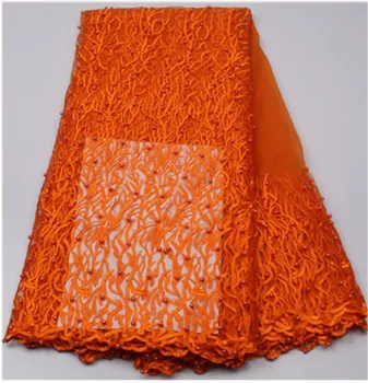 

High Quality 2019 African French Net Lace Fabric Embroidered Nigerian Lace Fabric 5Yards Guipure Cord Lace With Pearl Orange