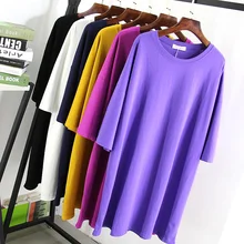 Женская футболка из хлопка, повседневная трикотажная, с коротким рукавом, с длинным рукавом, однотонная, с круглым вырезом, плюс размер, свободный, цельнокроеный