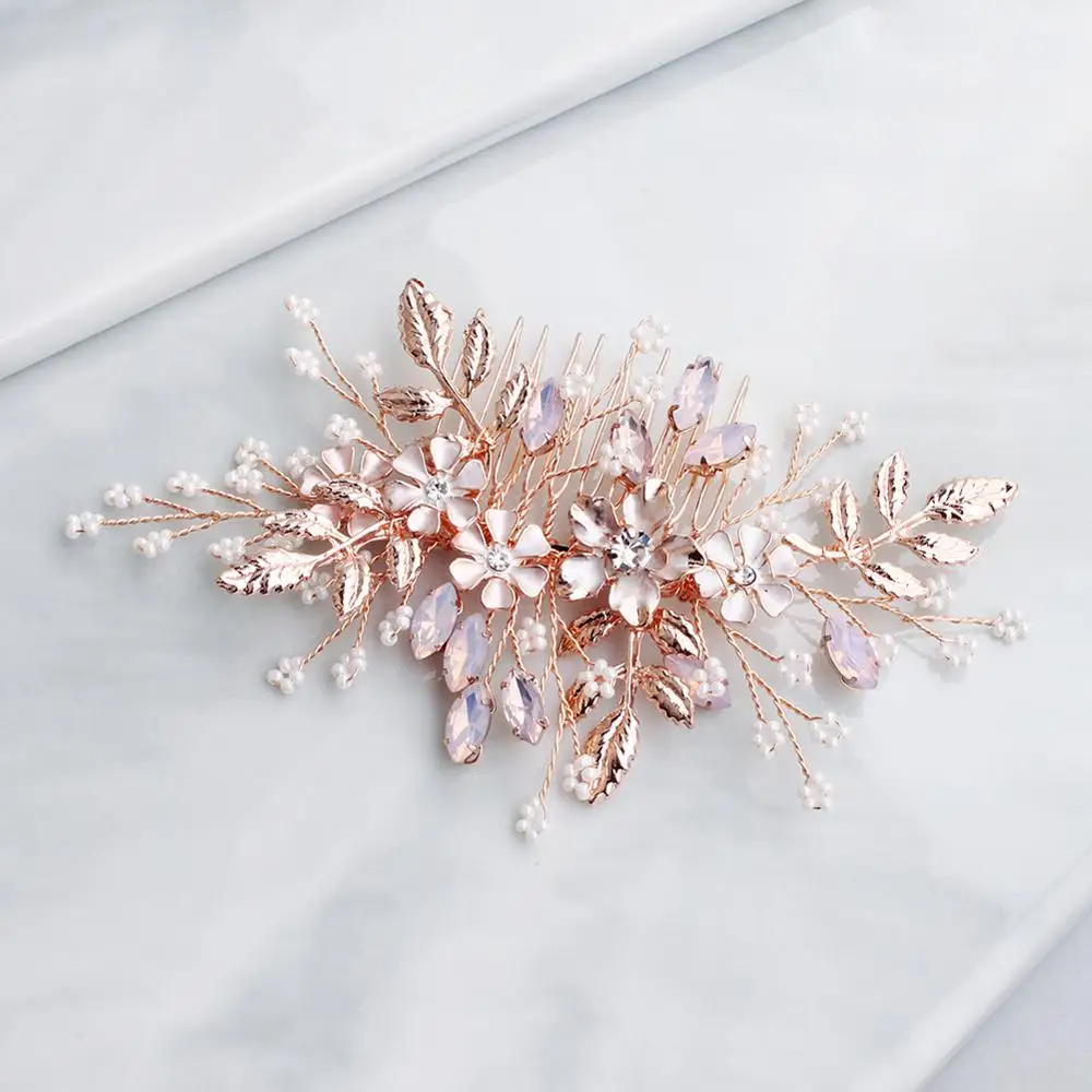 Women Flower Hair Combs Rose Gold Color Leaf Hair Jewelry Accessories Elegant Pink Crystal Wedding Hair Ornament For Bride