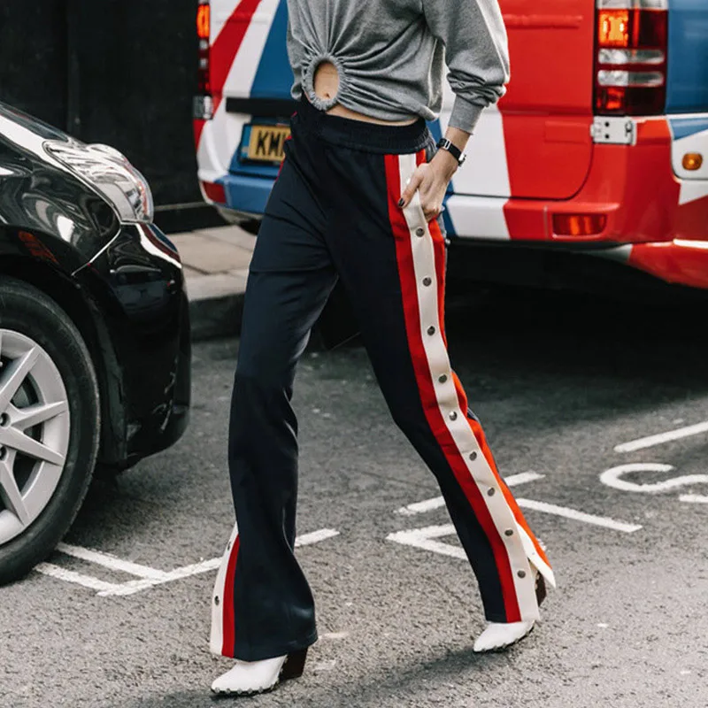 

TREND-Setter 2019 Spring and Summer New Metal Buckle Stitching Stripes Straight Pants Female Casual Pants Trousers Women
