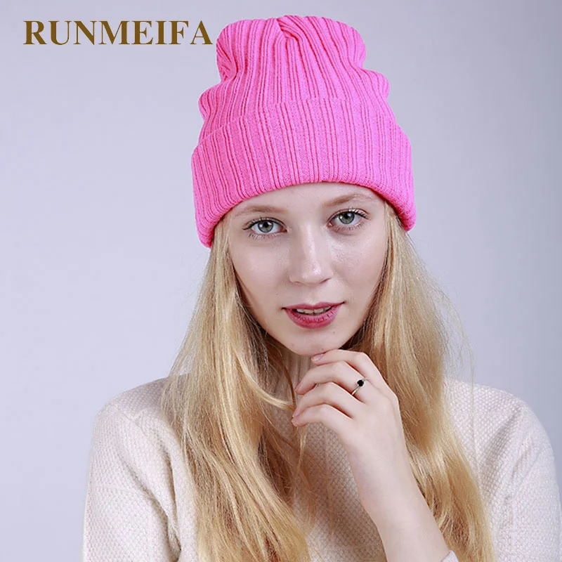 Runmeifa 2018 новые хлопковые полосатые женские лыжи Крышка повседневные теплые зимние шапочки для женщин Femme Skullies Hat леди Толстые вводной