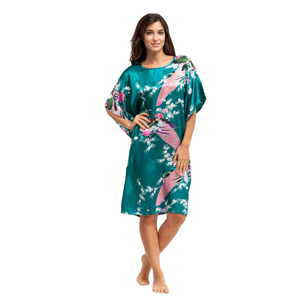 

Loose Green Peacock Sleepshirt Chinese Women Silk Rayon Robe Lounge Nightgown Kimono Bath Gown Sleepwear mujer pijamas D129-16