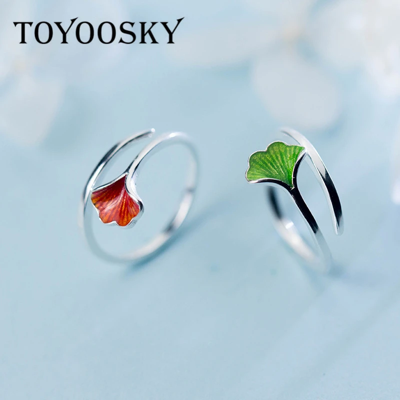 

Retro Style Green Red Geometric Ginkgo Biloba s925 Sterling Silver Open Ring For Women Fashion Lady Accessories