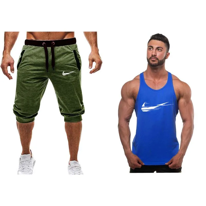 2019 New Summer Men Set 2PC Sporting Suit Short Sleeve Tank top+Shorts Two Piece Set high quality Gym sportwear Tracksuit Men
