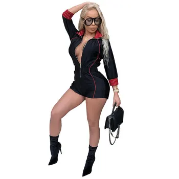 

Womens Zipper Solid Patchwork Striped Fashion Rompers