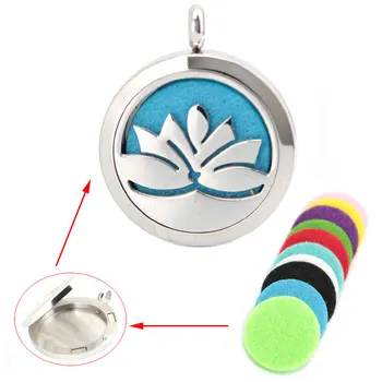 

10pcs Round Silver Lotus Flower Stainless Steel Premium Aromatherapy Essential Oil Diffuser Necklace With Free chain and Pads
