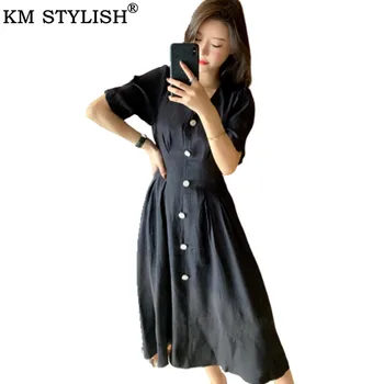 

2019 new summer white dress female short sleeve v-neck temperament waist single-breasted midi dress