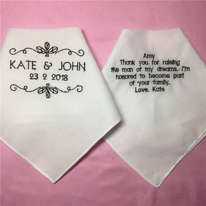 

1 Set/ 2pcs Wedding Handkerchiefs for Parents, Embroidered Wedding Hankies for Mother and Father, Personalized Wedding Gift