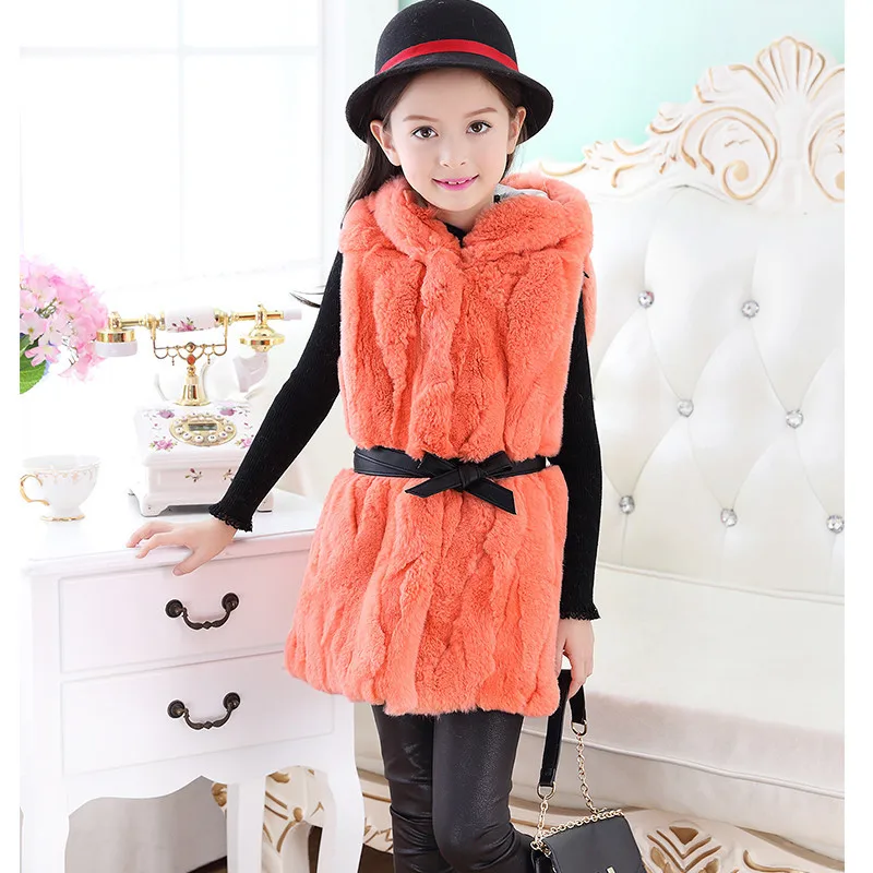 Детский жилет с натуральным кроличьим мехом осенне-зимняя верхняя одежда для маленьких девочек, жилет, пальто, Длинный жилет с натуральным кроличьим мехом V#12 - Цвет: Оранжевый