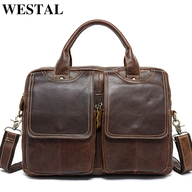 Billige WESTAL Messenger Tasche männer schulter tasche Aus Echtem Leder männlichen Taschen herren Aktentasche Laptop 14 Tote Umhängetaschen für männer 8002