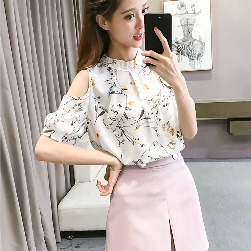Women Blouse 2019 Summer Women Floral Printing Casual Off Shoulder Chiffon Print shirt Blouse