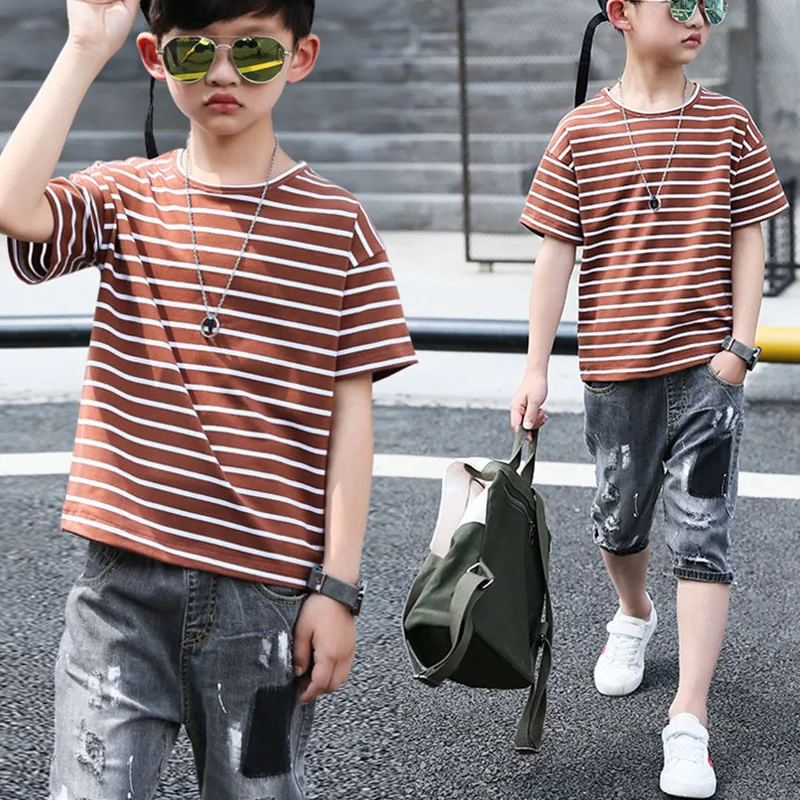 

teenage baby boys clothing sets kids 2 pcs summer set 2018 children striped t shirts & denim jeans shorts for boys suits clothes