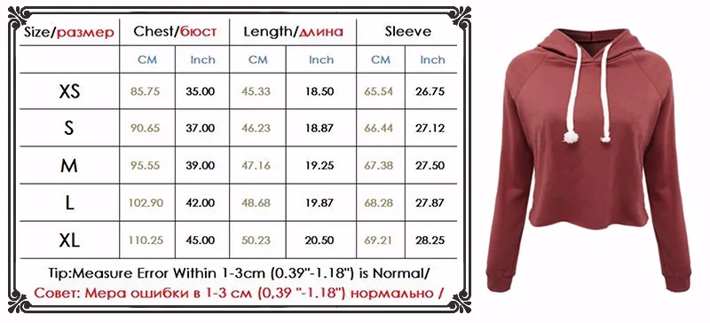 Crop Top Hoodie Sizing Info