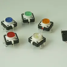 100 шт. переключатель с подсветкой 12x12x7,3 мм зеленый, красный, желтый, синий, белый светодиодный Кнопка сброса нормального открытия вертикального сквозного отверстия PCB