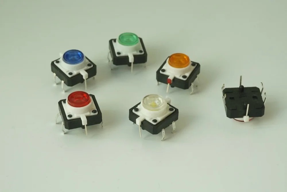 

100pcs Illuminated Tact Switch 12x12x7.3 mm Green Red Yellow Blue White LED Reset button Normal Open vertical Through Hole PCB