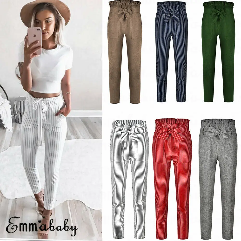

2019 Women High Waist Elastic Stripe Bow Knot Drawstring Pencil Pants Casual Bud Pants Slim Fit OL Long Trousers