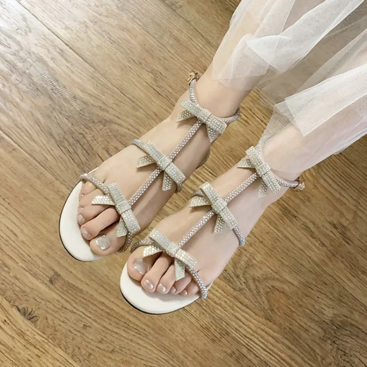 

Big Size 9 10 11 12 high heels sandals women shoes woman summer ladies Water drill bow sandals with thick heels