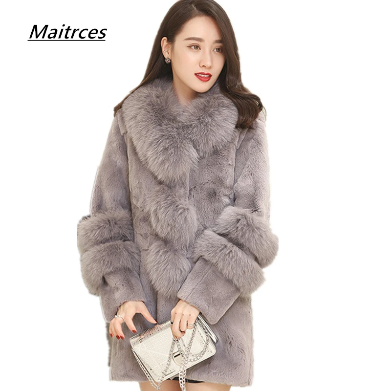 Winter Female Sheepskin Coats High Quality Women Warm Faux Fur Coat Fox Fur Collars Snap Slim Furs Jacket Plus Size PC013